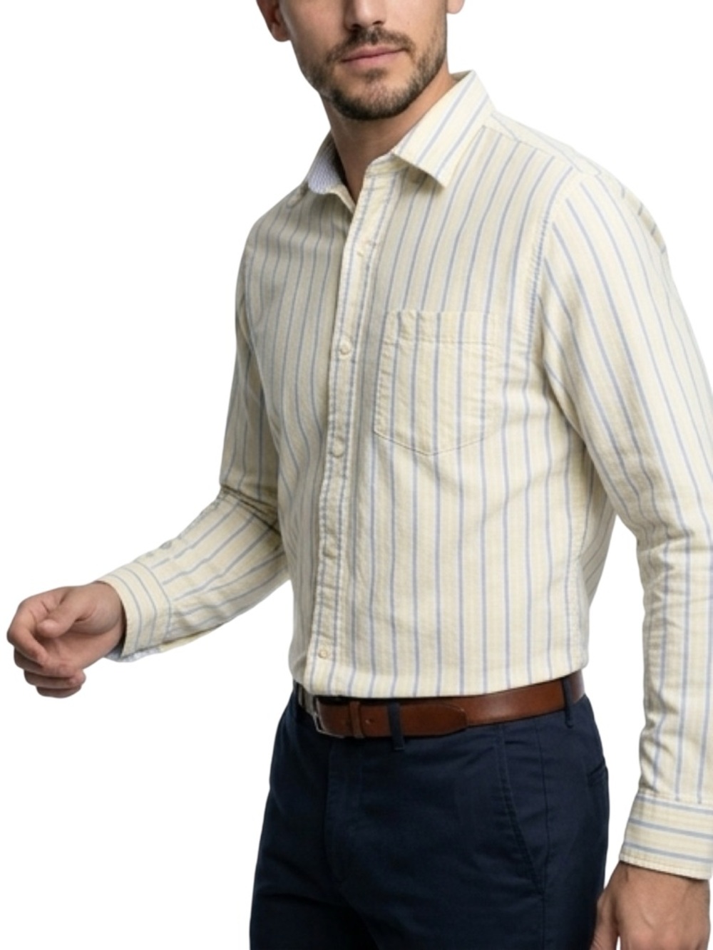 Chaps Men’s Yellow & Light Blue Stripe Button-Down Shirt Size Medium 100% Cotton